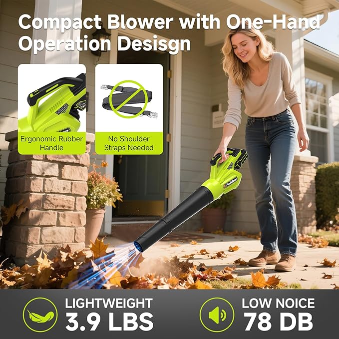 PULITUO Leaf Blower Cordless, 500CFM/ 125MPH Lightweight Cordless Blower with 2X 4.0 Batteries and Fast Charger, Variable Speed Battery Leaf Blowers for Lawn Care, Leaves, Grass, Patio, Yard