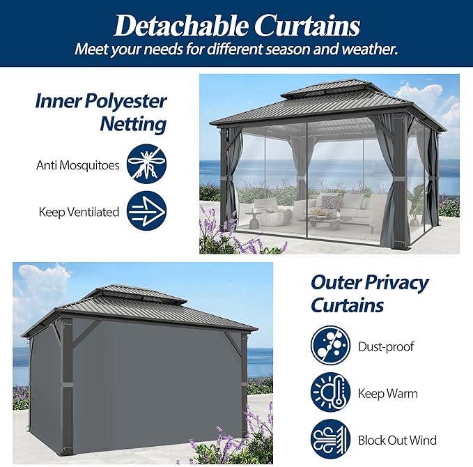 COVERONICS 10' x 12' Outdoor Hardtop Gazebo - Aluminum Heavy-Duty Double Roof Vented Gazebo with Breathable Netting & Privacy Curtains for Patio, Porch, Garden, Lawn