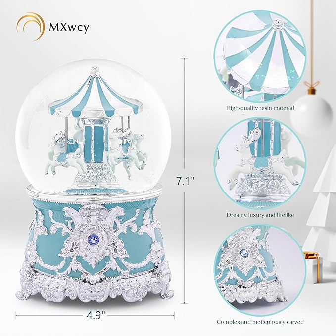 Carousel Music Box Moose Silver & Mint Christmas Snow Globes, 7.1" Rotate Carousel Snow Globe for Kids & Adults, Classic Wind up Musical Snow Globe Birthday Gifts for Women Girls, Carousel Home Decor