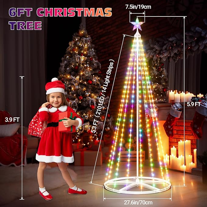6FT Smart Cone Christmas Tree, Multicolor Prelit Outdoor Christmas Tree Lights, Music Sync, App & Remote Control, LED Light Show Tree for Indoor Outdoor Decorations