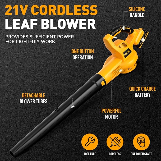 DEVONIC Leaf Blower Cordless, 21V Electric Cordless Leaf Blower with 2 Batteries and Charger,150MPH for Lawn Care,Patio, Garden, House, Depot (Medium Cordless Leaf Blower)