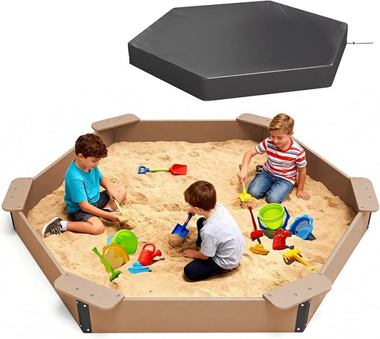 FOOWIN Hexagonal Outdoor Sandbox with Cover for Kids, HDPE Large Sandpit w/6 Benches, for Aged 3-12 Years Old, Sand Box for Children, Bottom Liner,Teak