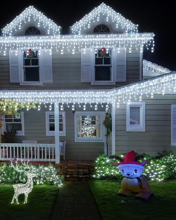 Christmas Lights Outdoor, 53 FT 486 LED Christmas Light for Outside, Timer & Memory, Plug in 8 Modes Hanging Fairy Light with 108 Drops for House Eaves Yard Patio Holidays Decorations, Cool White