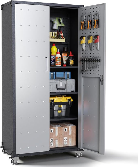 Garage Metal Storage Cabinet,71 Rolling Tool Cabinet with Pegboard and 3 Adjustable Shelves,Heavy-Duty Shelving Unit with Lockable Doors for Garage,Workshop,Home & Office Organization