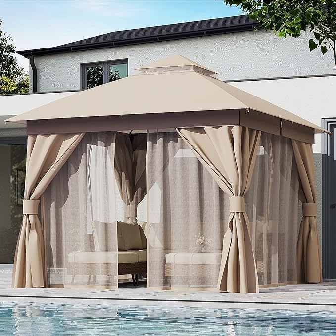 LAUSAINT HOME Semi-Permanent Patio Gazebo 10'x10' with Expansion Bolts, Outdoor Heavy Duty Party Tent with Double Roofs, Mosquito Nettings and Screens for Backyard, Garden, Lawn, Champagne Khaki