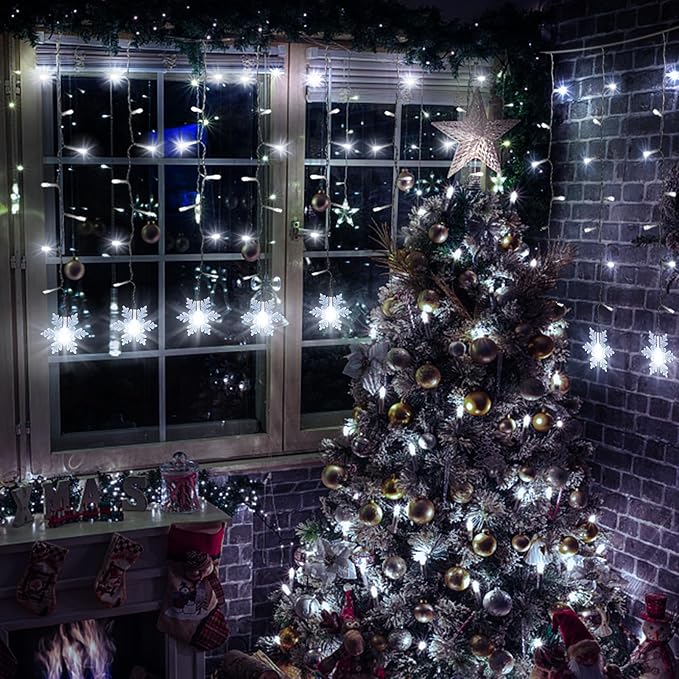 LED Christmas Curtain Lights,Snowflake Lights Decorations with Remote Control,USB Powered 24 Snowflakes 120 LEDs Window String Lights with 8 Modes Decor Christmas Wedding Party Wall Home Decor