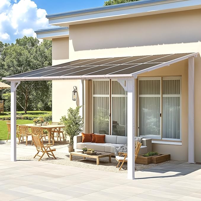 AECOJOY 12' x 8' Outdoor Gazebo Pergola for Patio, Large White Hardtop Lean to 8x12 Gazebo Shelter Pergolas and Gazebos Clearance with Patio Roof, Large Wall-Mounted Heavy Duty Awnings for Patio
