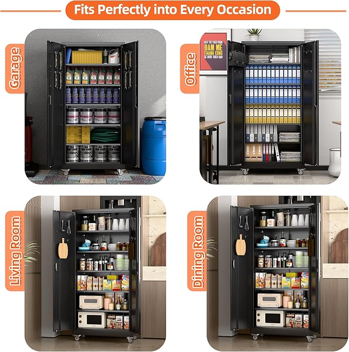 Aobabo Upgrade 71H''*34''W*18''D Metal Garage Storage Cabinet with Wheels and Pegboards, 5 Adjustable Shelves Steel Storage Cabinets for Home,Warehouse,Garage,Black,Assembly Required