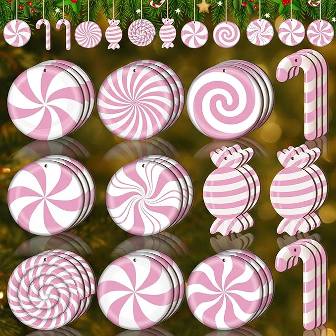 Qunclay 36 Pieces Candy Cane Christmas Ornaments Wood Hanging Lollipop Ornaments Wood Cutouts Peppermint Christmas Decor for Xmas Tree Home Decoration Party Supplies