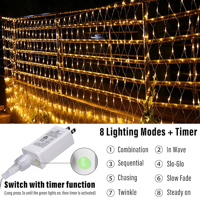 Joomer Christmas Net Lights - 2PACK 12FT x 5FT 360 LED Plug-in Mesh Lights, Waterproof with 8 Modes, Timer, Connectable for Bushes, Trees, Garden, Outdoor Christmas Decor (Clear Wire, Warm White)