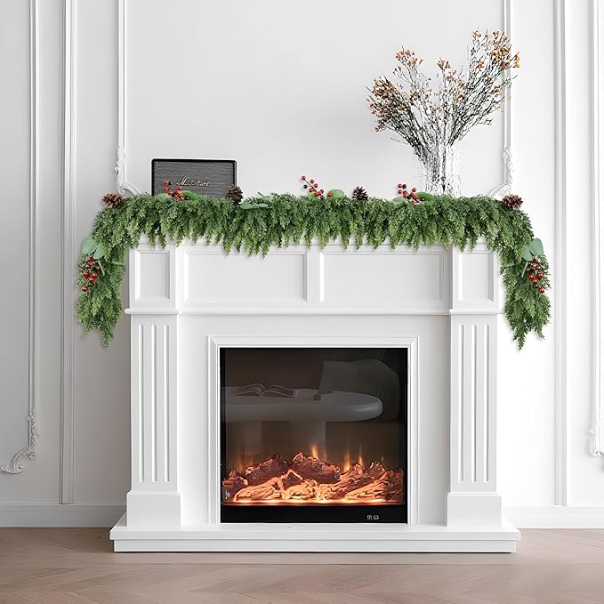 6ft Christmas Garland Realistic Soft and Thickness Green Faux Cedar Pine Garland Artificial Cedar Cypress Garland with Red Berries for Home Fireplace Wall Indoor Outdoor Holiday Party Decoration
