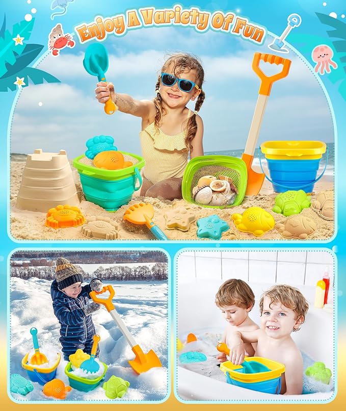 Collapsible Beach Sand Toys for Kids Toddlers, Collapsible Sand Bucket with Sifter Shovels Set with Mesh Bag and Sand Molds, Travel Beach Sandbox Toys for Boys Girls 3 4 5 6 7 8 9 10