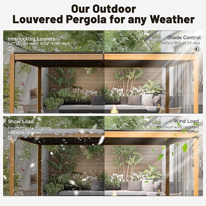 10’ x 16’ Louvered Pergola, Outdoor Pergola Aluminum Frame with Adjustable Rainproof Metal Roof, Permanent Sun Shade with Drainage System for Backyard, Garden and Lawn (Wooden Grain)