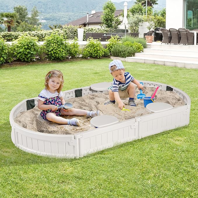 Costzon Kids Sandbox with Cover, Detachable Built-in Seating, Bottom Liner, Weather Resistant Outdoor Sandbox Kit, Child Outdoor Sand Pit for Backyard Lawn Garden Beach (Elliptical, White)