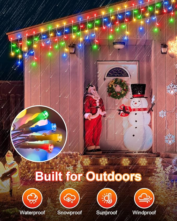 106 FT Christmas Lights Outdoor, 972 LED Waterproof Outside Christmas Lights Plug in, Connectable 8 Modes Hanging Fairy Lights with 216 Drops for House Eaves Yard Patio Decoration, Multicolor