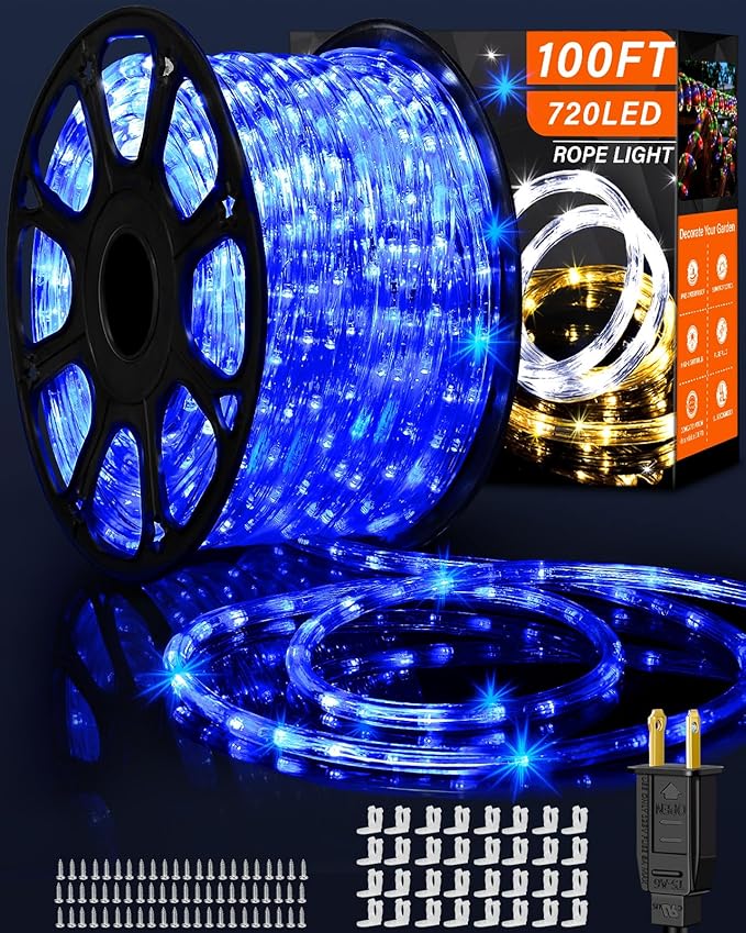 Coroor Rope Lights Outdoor Waterproof Christmas 100ft 720 LED, Flexible Connectable Tube Lights, String Lights Decorative Lighting for Garden Patio Pool Tree Bedroom Xmas Decor (Blue)