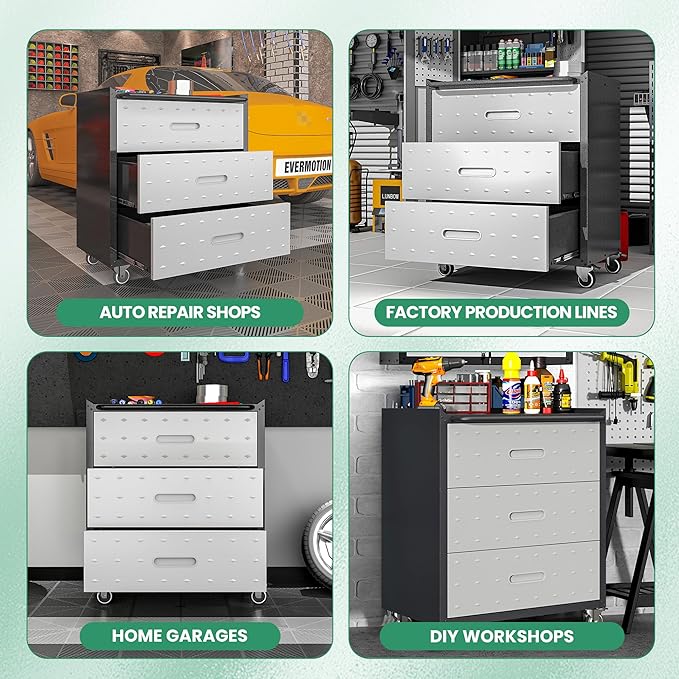 Garage Cabinets,Metal Garage Storage Cabinet with Wheels,Lockable Rolling Tool Cabinet with Drawer and Adjustable Shelves,Heavy Duty Tools Cabinet for Home Office Utility Room,Black/Grey