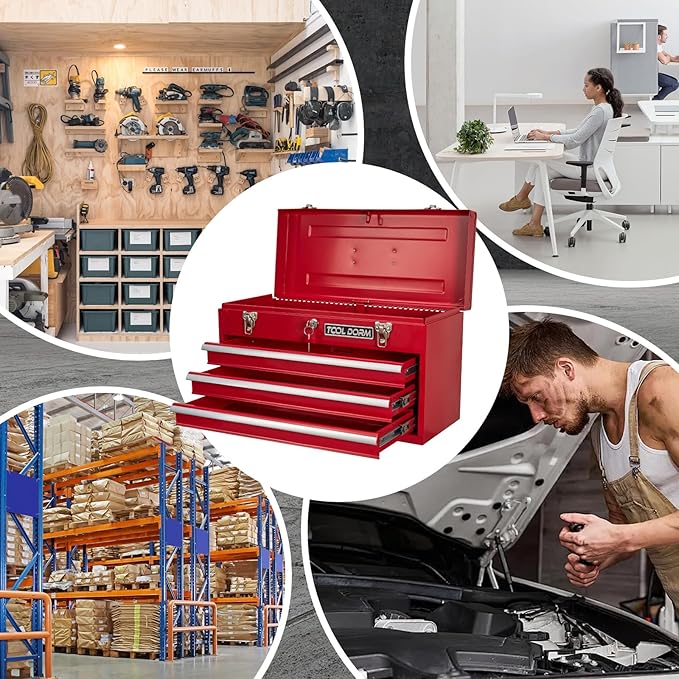 20.3¡° Metal Tool Box with Drawer Portable Steel Tool Box with Protective Liner and Latch Closure and Lock for Garage, Home and Warehouse (Red-3 Drawers)