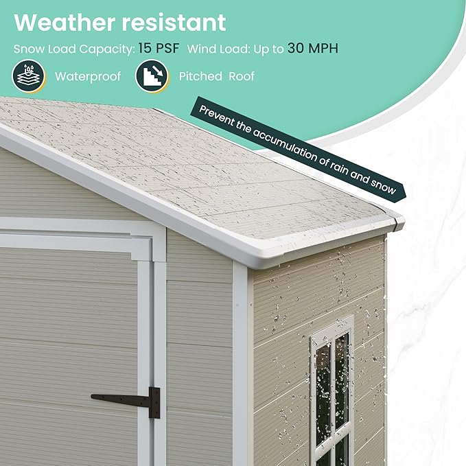 UDPATIO Outdoor Storage Shed 6x4.5 FT, Plastic Resin Outside Sheds & Outdoor Storage for Trash Can, Bike, Lawnmower, Generator, Tool Shed with Lockable Door for Backyard, Lawn, Patio, Sandstone