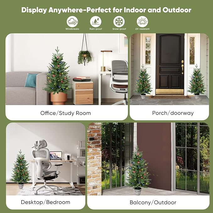 3FT Pre-Lit Christmas Tree, 2-Packs PE Branchs Xmas Tree with Color LED Lights, 8 Modes with 60 Led Lights，Artificial Christmas Trees for Holiday Decoration