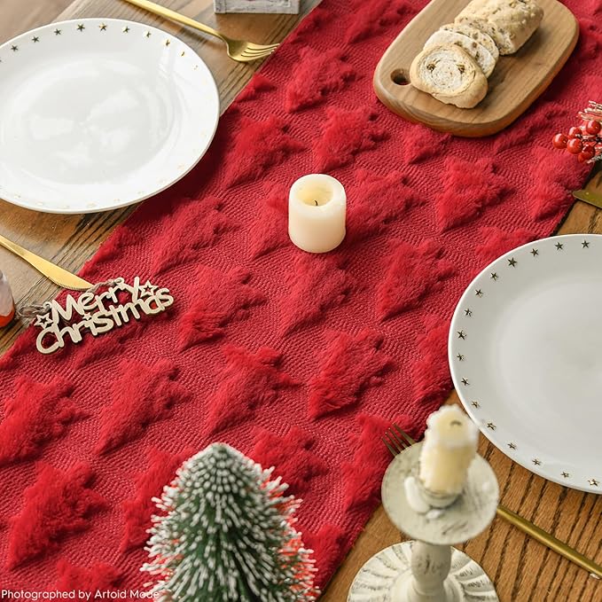 Artoid Mode Christmas Trees Red Soft Plush Faux Fur Jacquard Christmas Table Runner, Holiday Kitchen Dining Table Decoration for Home Party Decor 13x90 Inch