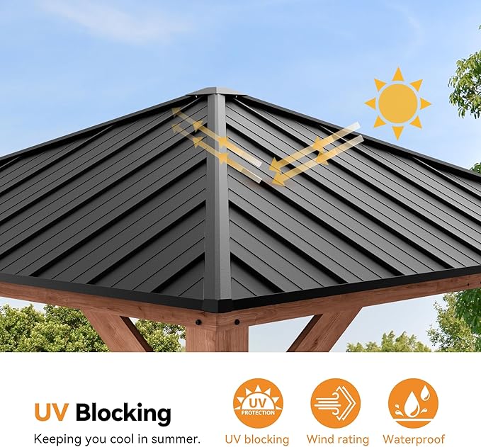 Modern Shade Tranquil Grove Wood Gazebo 10' x 10', Grill Gazebo with Galvanized Steel Roof, Mosquito Netting and Curtains, Permanent Hardtop Pavilion with Sturdy Hooks for Garden, Backyard