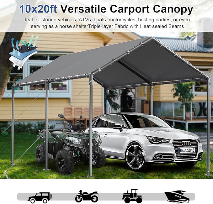 Outdoor Carport 10x20ft Heavy Duty Car Tent, Portable Garage Canopy Storage Shed, All-Season Tarp Tent for Car, Party (GY)