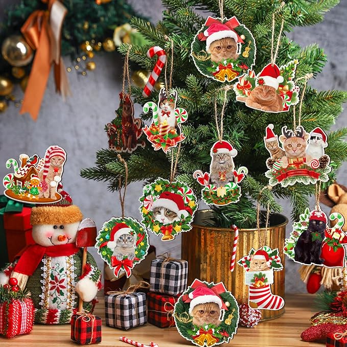 Qunclay 36 Pcs Cat Christmas Tree Ornaments Wooden Cat Christmas Tree Decorations Rustic Xmas Kitty Hanging Ornament Decorative Kitty Wood Pendants for Home Fireplace Holiday Xmas Party Decor