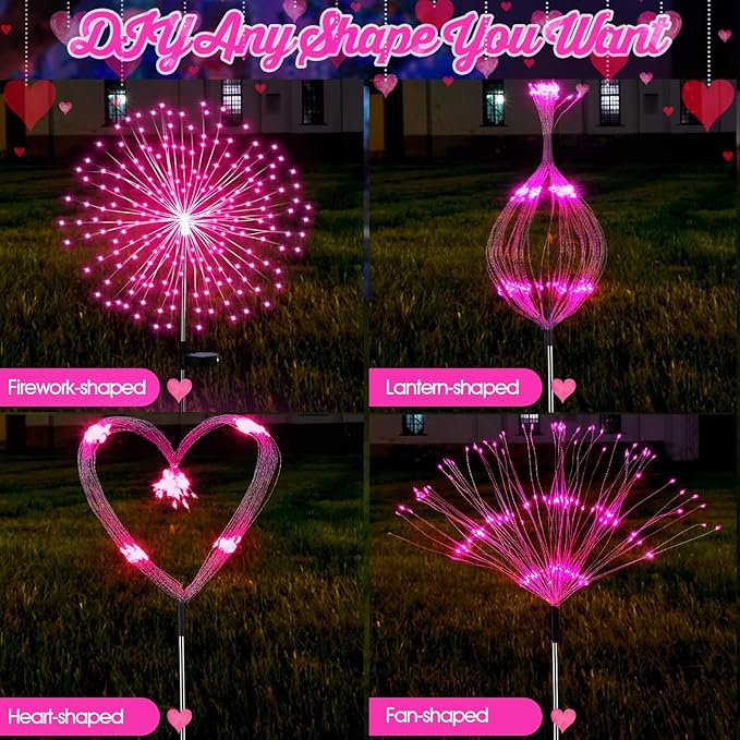 6 Pack Pink Christmas Solar Firework Lights 180 LED 8 Lighting Modes Waterproof Outdoor Decorative Solar Lights for Xmas Wedding Valentine Birthday Garden Patio Yard Pathway Walkway Lawn Decor