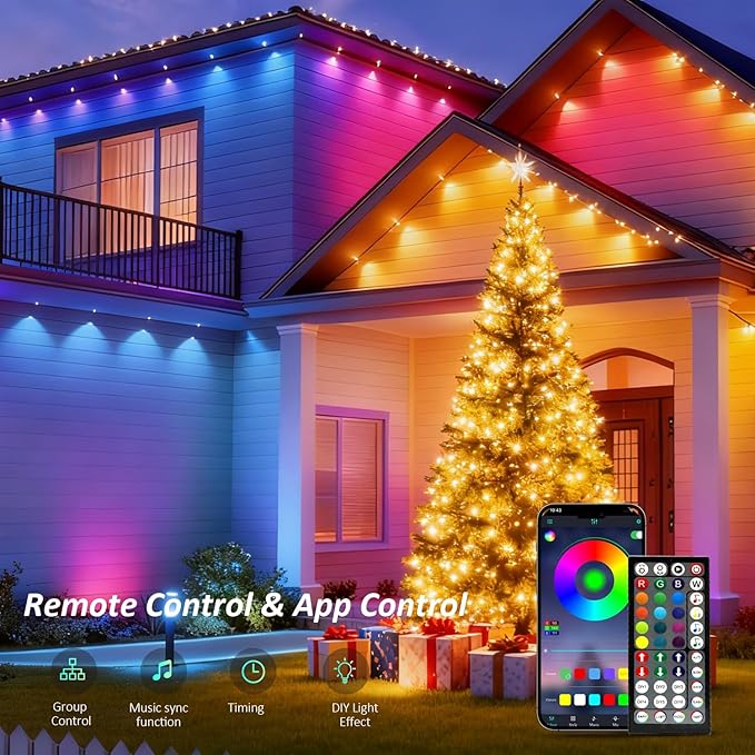 RGB Permanent Outdoor Lights, 100FT LED Eaves Lights with Smart App Remote Control, IP67 Waterproof, Music Sync, Timing Function for Christmas, Party, All Holiday Decorations