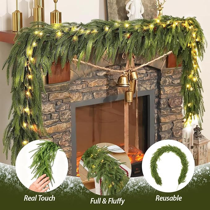 9 Ft Norfolk Pine Garlands, Real Touch Winter Pine Garland, Dense Green Artificial Greenery Garland for Table, Mantle, Staires, Wall, Indoor, Outdoor Christmas Decorations