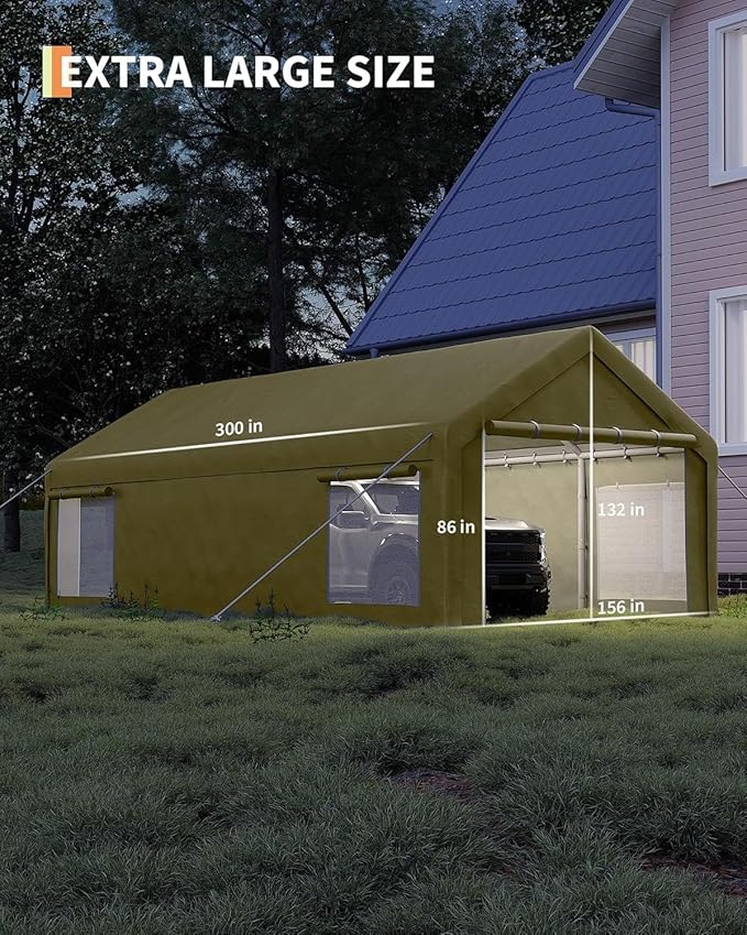 13x25FT Heavy Duty Carport with Removable Walls & Roll-Up Door, All-Weather Portable Garage for Truck, RV, Boat, Vehicle Storage Shelter