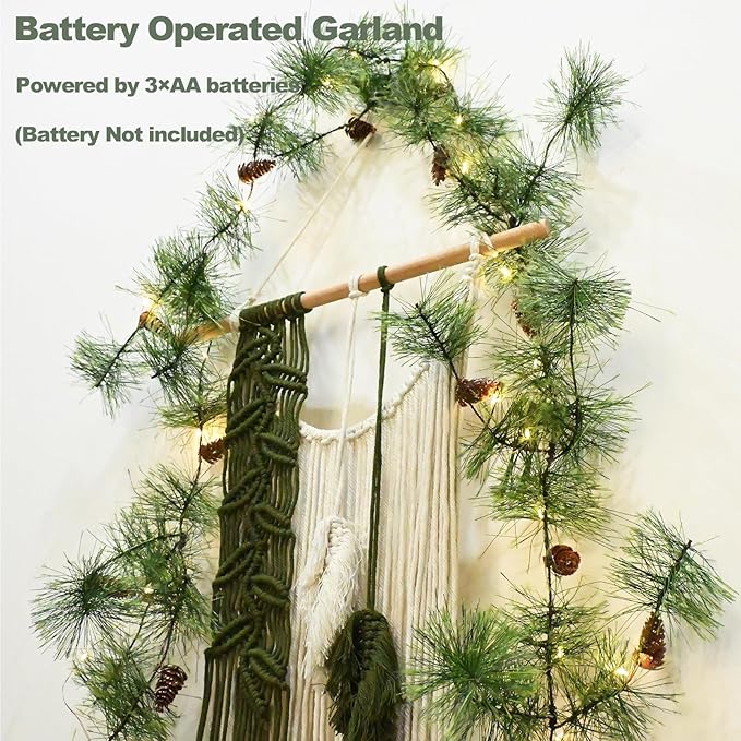 Remote Christmas Smokey Pine Garland with Lights 6.56FT Garlands with Timer 30 LED Fairy Lights Battery Operated Garland Lights with Pinecones Christmas Pre-lit Light for Home