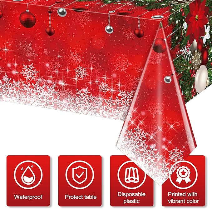 Jectivs 1Pieces Merry Christmas Tablecloth Plastic Christmas Tree Ball Table Cover Rectangle Winter Snowflake Tablecloth for Merry Christmas Holiday New Year Eve Party Decorations Supplies,54x108inch