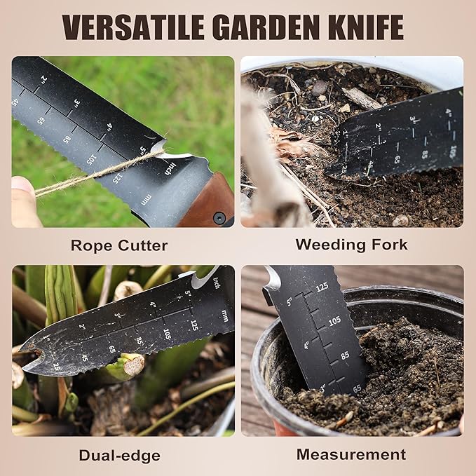 Topline Hori Hori Garden Knife with Oxford Sheath, 7”Stainless Steel Blade with Cutting Edge, Folked Tip Design, Full Tang Walnut Handle, Multifunctional Garden Tools for Weeding, Planting, Cutting