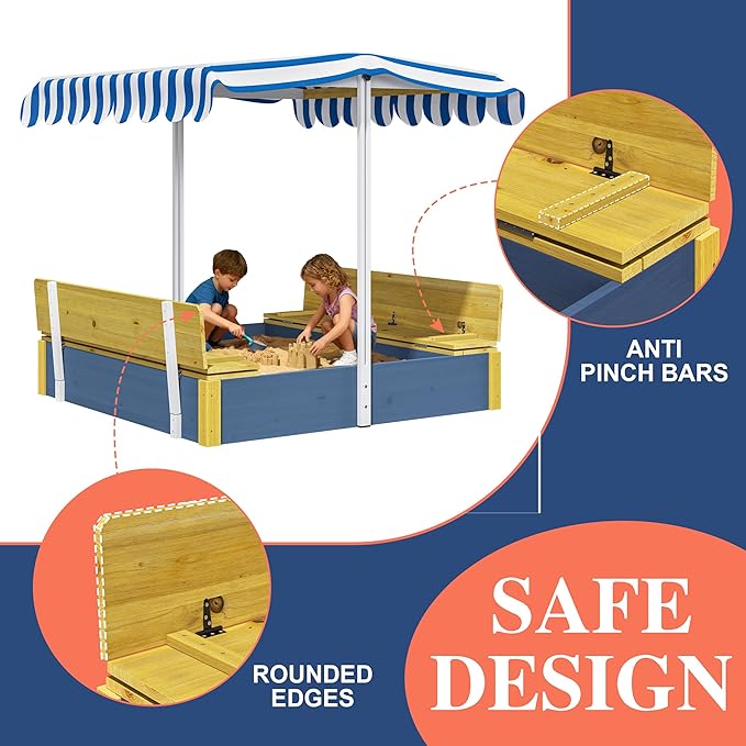 Kids Sandbox with Lid, Wooden Sand Box with Cover Adjustable Canopy, Storage,and Bottom Liner, for Backyard Outdoor Playgrounds Equipment Ages 4-8
