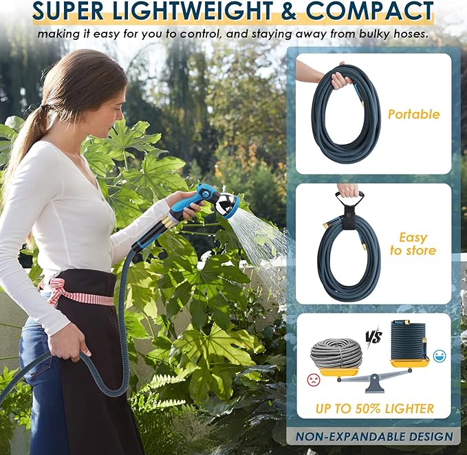 Non-Expandable Garden Hose 75 FT, Lightweight Hose with 10 Function Spray Nozzle, Kink-Free Flexible Water Hose, Durable, Leak-Proof, 360¡Æ Swivel Connectors, Portable Storage Strap