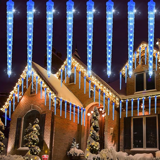 WATERGLIDE 16 Icicles Meteor Shower Lights, 12" Outdoor Icicle Christmas Lights 384 SMD LED Crystal Ice Falling Light, Connectable Raindrop Iciclelight, Xmas Winter Party Tree Holiday Decor, Blue