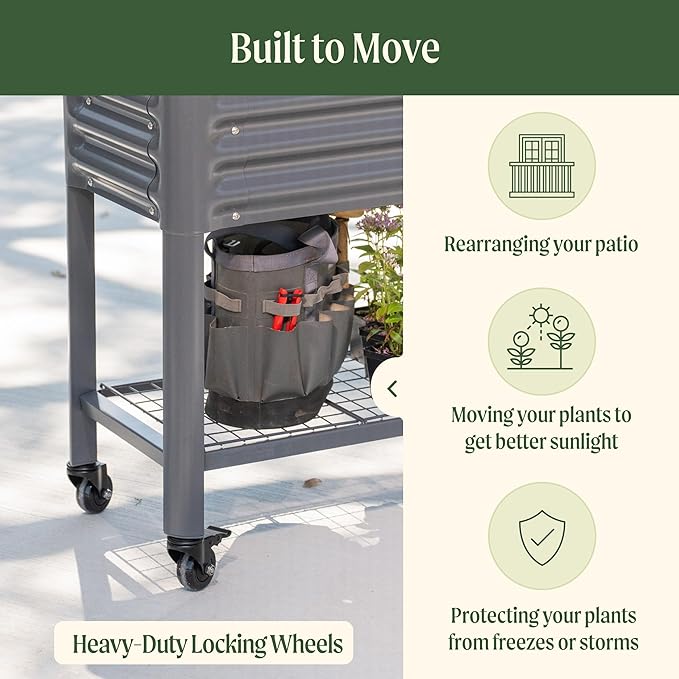 Rolling Elevated Raised Garden Bed - Slim Series, 1.5' x 5.5' Outdoor Planters Boxes with Legs & Storage Rack for Patio, 750 Lbs Weight Capacity, Raised Beds for Gardening Herbs Flowers, Olive Green