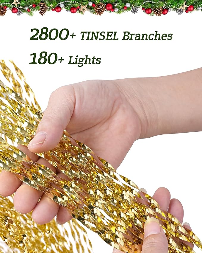 6.5ft Pre-Lit Artificial Christmas Tree, Christmas Tree with 180 LED Lights, 8 Lighting Modes, 2800 Tinsel Branches, Perfect for Indoor, Home, Party, Office, Apartment Decoration (Gold)