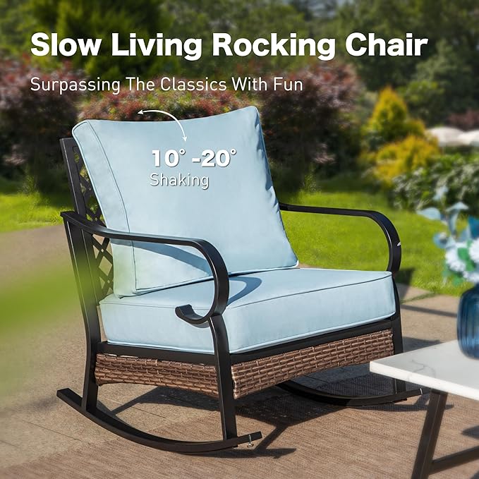 6 Piece Black Metal Outdoor Patio Furniture Sets with Firepit Table, Patio Conversation Sets 1 3-Seater Sofa, 2 Leg Chair and 2 Rocking Chair with 5.75" Cushion for Backyard Deck, Blue