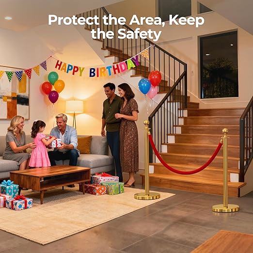 8pcs Sturdy Gold Stanchion Posts and 8pcs High Quality Red Carpet Velvet Ropes, Water/Sand/Concrete Fillable Leakproof Base, Crowd Control Barriers for Birthday, Prom, Business, Wedding