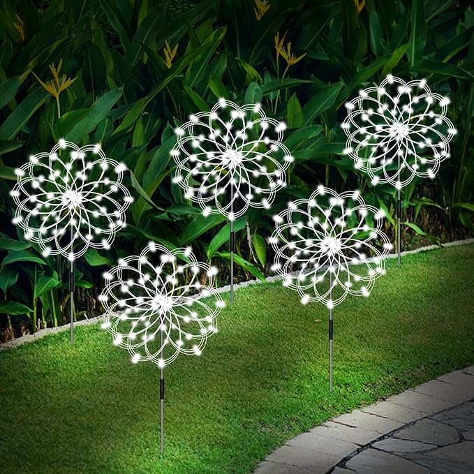 Solar Garden Lights, Firework Light Outdoor 5 Pack 120 LED Solar Waterproof Decorative Starburst Lights Landscape Lamp 18 Hours Working Time, Decor for Courtyard Garden Christmas Party(Cool White)
