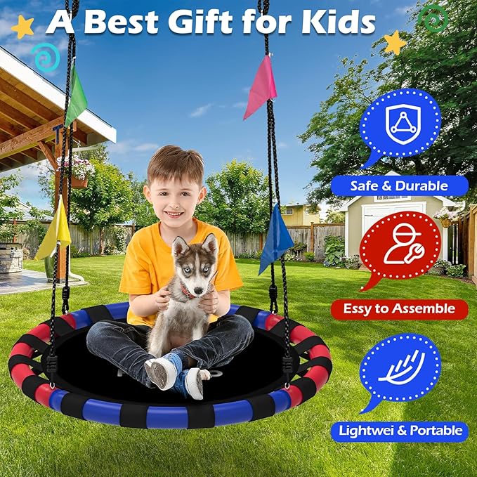 Saucer Swing, 24 Inch Swing Sets for Backyard and Outdoor Playground, 900lbs Weight Capacity, with 360 Degree Swivel, Gifts for Kids, Blue and Red