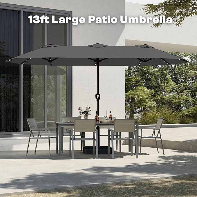 13FT Double-Sided Patio Umbrella with 48 Solar LED Lights, Large Rectangular Outdoor Market Umbrella with Crank Handle, Vented Canopy, Heavy-Duty 12 Rib Steel Frame, for Backyard, Garden, Pool, Grey