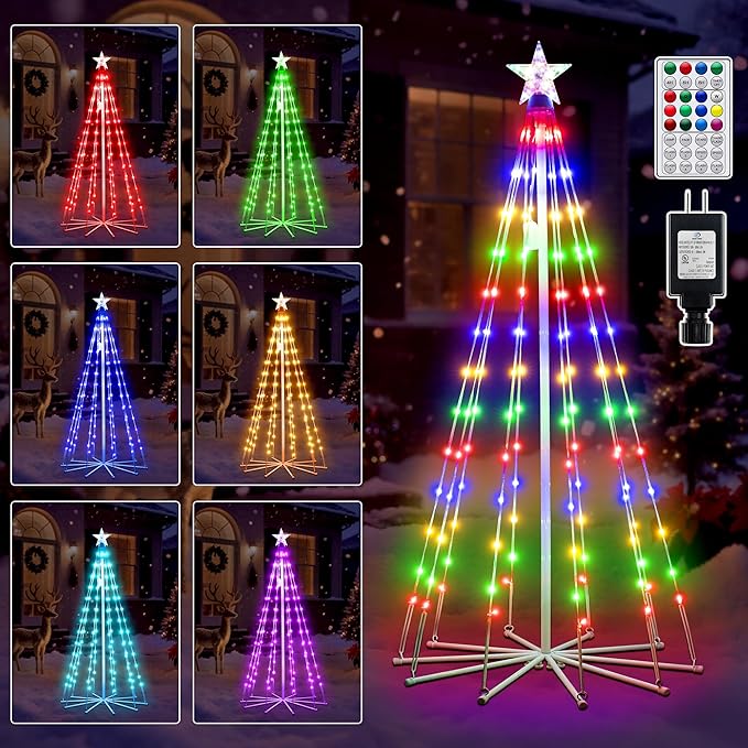 Ollny Christmas Tree Lights 5FT 140 LED, RGB 34 Modes Color Changing Outdoor String Light with Plug in Remote, Waterproof Star Lights for Xmas Outside Indoor Yard Porch Decorations