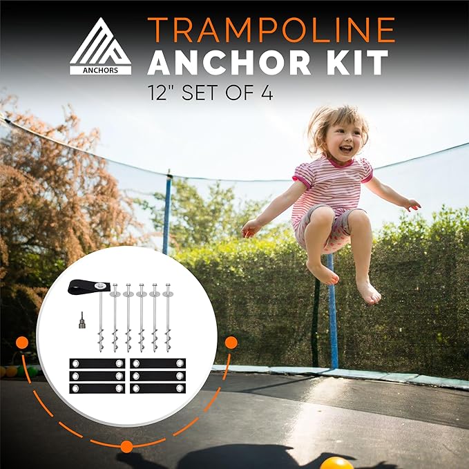 Trampoline Anchors High Wind Heavy Duty 12" Set of 4/6/8 with Straps, Drill Bit - Trampoline Anchor Kit - Trampoline Stakes Anchors High Wind - Ground Anchors - Trampoline Wind Stakes - Ground Stakes