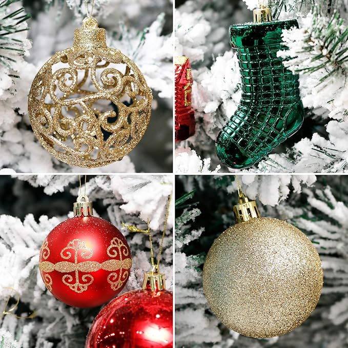 ROSELEAF 132pcs Christmas Tree Decoration Set - Red, Green & Gold Shatterproof Hanging Ornaments - Folk Art Style - Christmas, Wedding, Anniversary