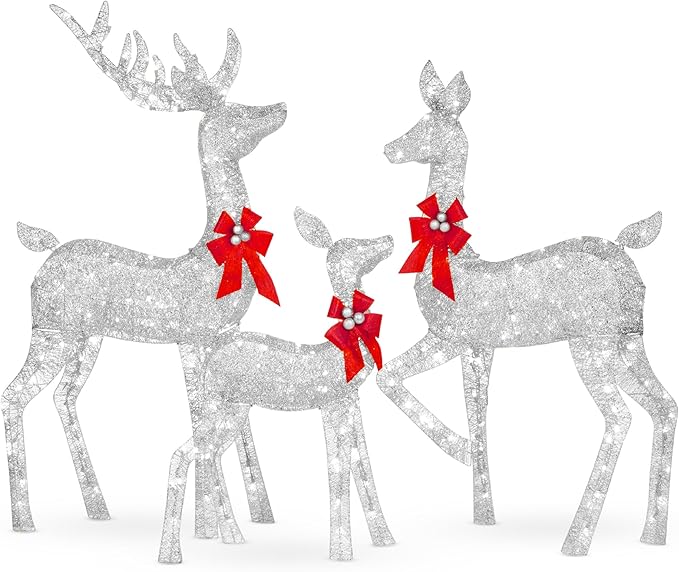 Best Choice Products 3-Piece Large Lighted Christmas Deer Family Set 5Ft Outdoor Yard Decoration with 360 LED Lights, Stakes, Zip Ties - Silver