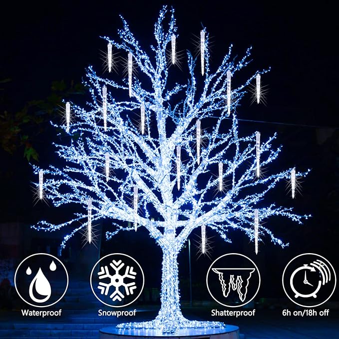 Joomer Icicle Christmas Lights Outdoor,13FT 20 Icicles 320 LED Meteor Shower Icicle Lights Timer Waterproof Connectable Christmas Light for Outside Home Xmas Decoration - White